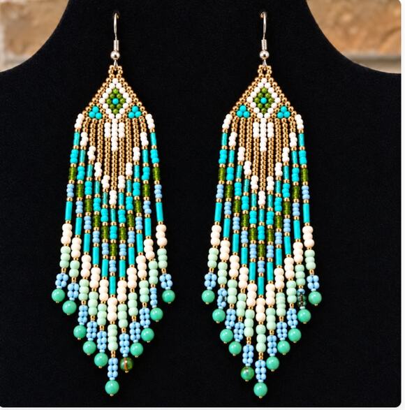 Unbranded Jewelry - Beaded Dangle Earrings Cascade of Blue White & Gold & Geometric Patterns